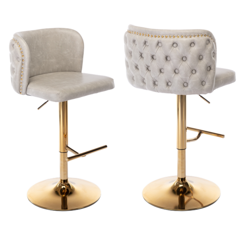 2x Faux Leather Golden Base Swivel Bar Stools- Beige Colour