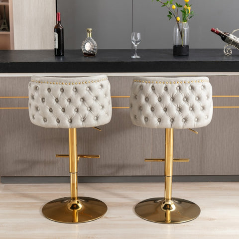 2x Faux Leather Golden Base Swivel Bar Stools- Beige Colour