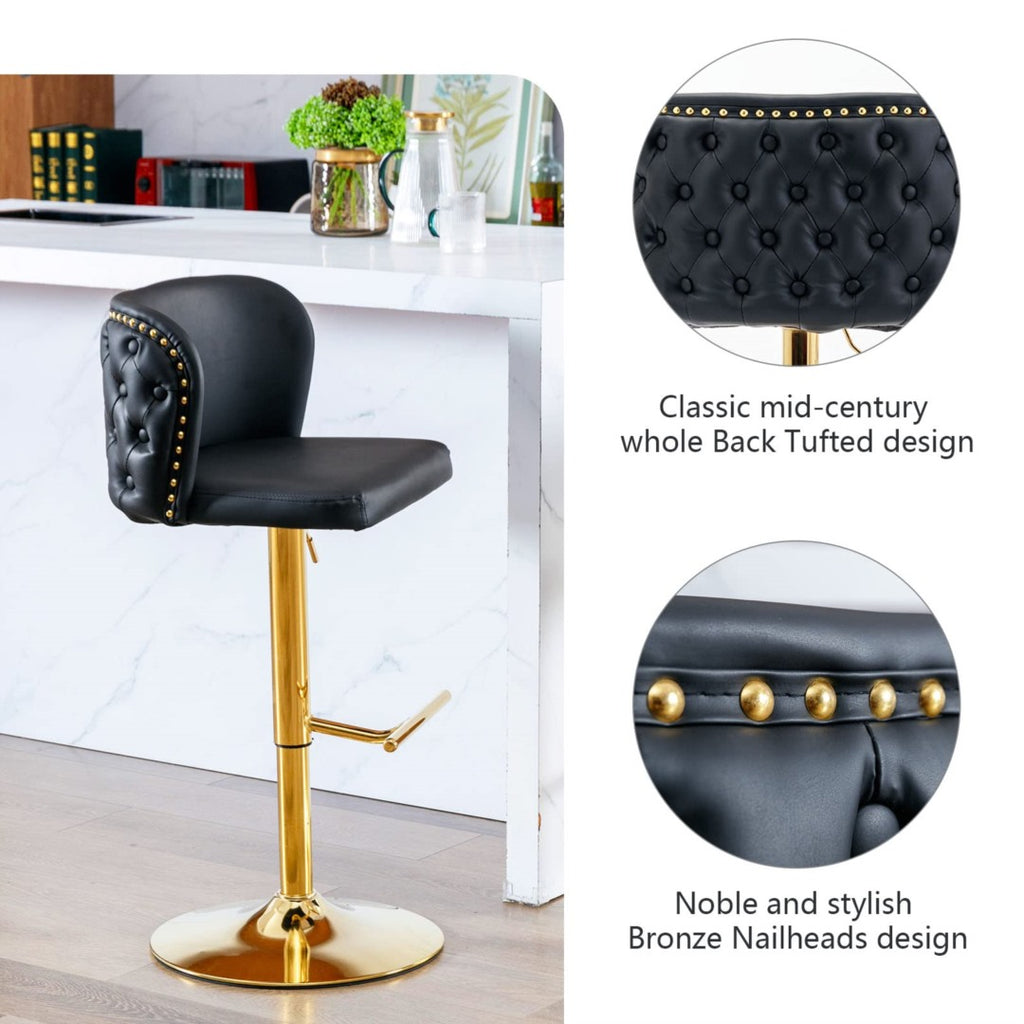 2x Faux Leather Golden Base Swivel Bar Stools- Black