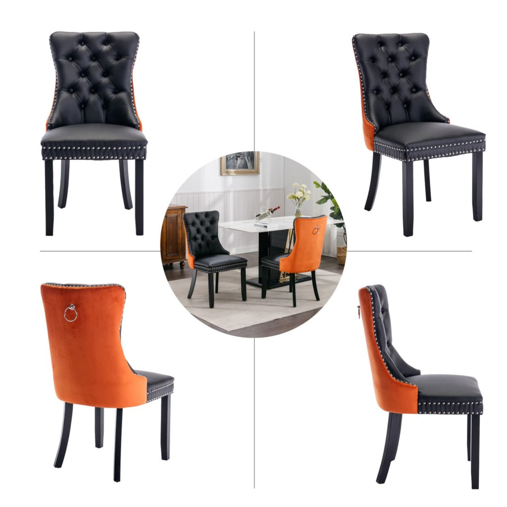 2x PU Faux Leather & Velvet Dining Chairs-Black & Orange